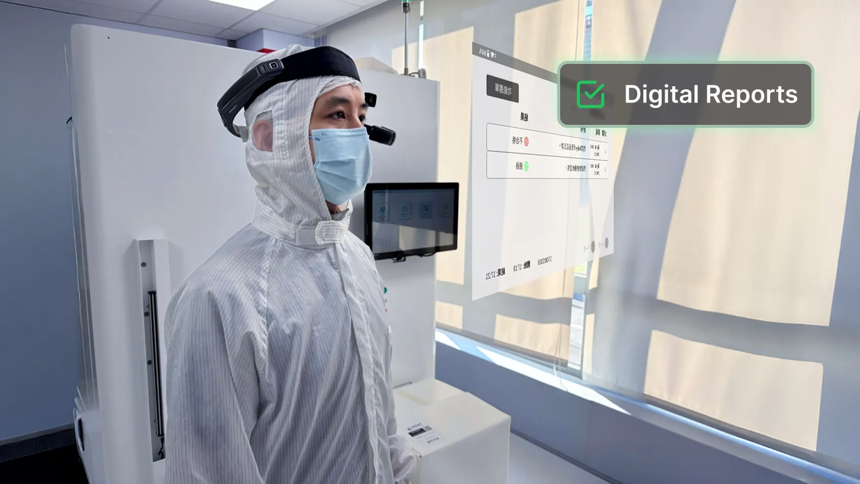 A technician in a cleanroom suit wearing smart glasses stands by a machine with a virtual digital report.